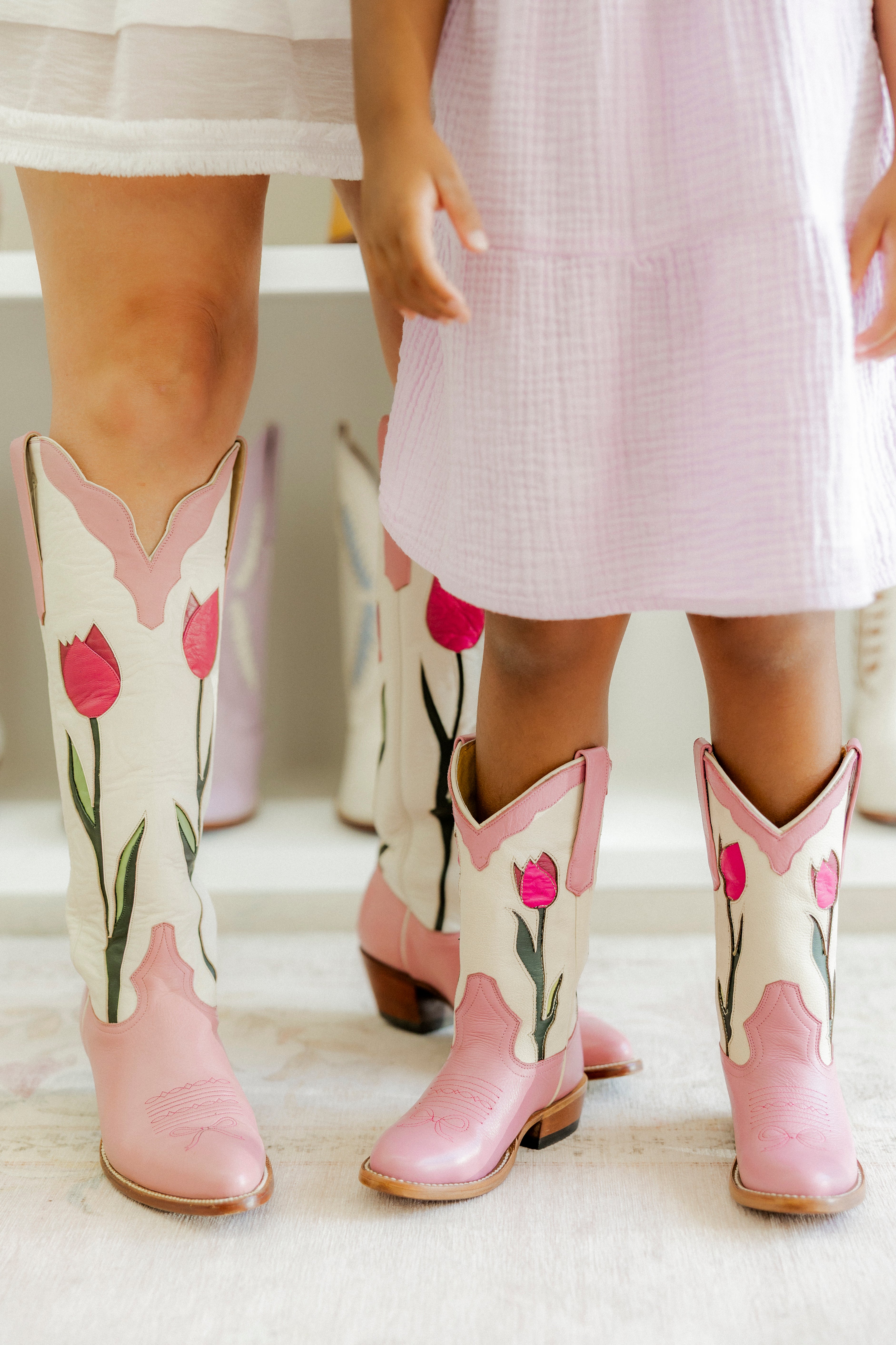 Little Miss Sadie - Tulip cowgirl Boot in Bone with Pink – Petite