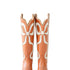 Pair of burnt orange cowboy boots with a white bow design on a white background, Sienna Western Cowgirl Boots, Heirloom Cowgirl Boots, Luxury Cowgirl Boots, Handcrafted Leather Boots