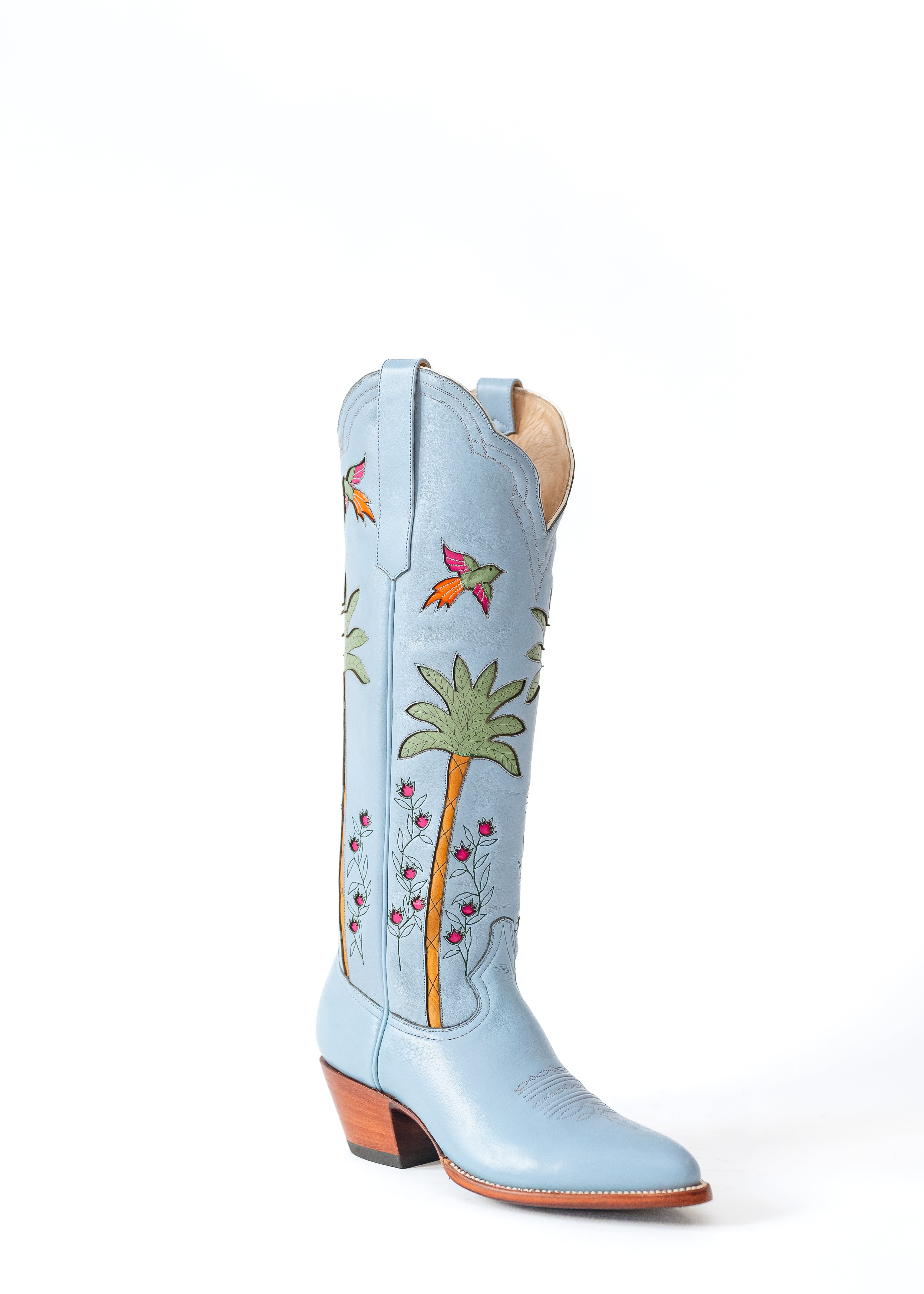 Coastal Western cowgirl boots, palm tree boots, heirloom cowgirl boots, luxury handcrafted leather boots, Petite Paloma Isla Boot, tropical cowgirl boots, coastal style boots, heirloom Western boots, Powder Blue cowgirl boots