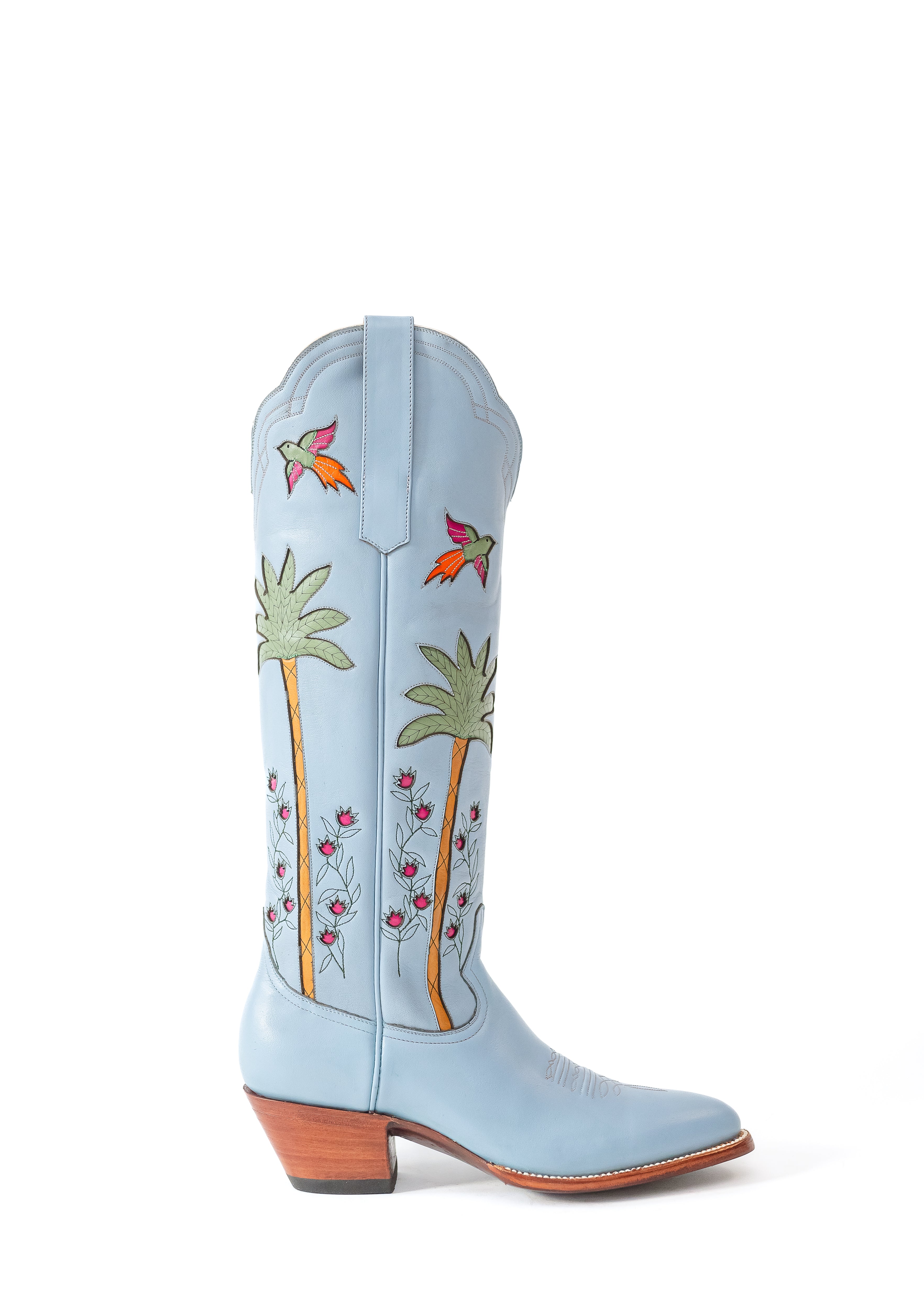 Coastal Western cowgirl boots, palm tree boots, heirloom cowgirl boots, luxury handcrafted leather boots, Petite Paloma Isla Boot, tropical cowgirl boots, coastal style boots, heirloom Western boots, Powder Blue cowgirl boots