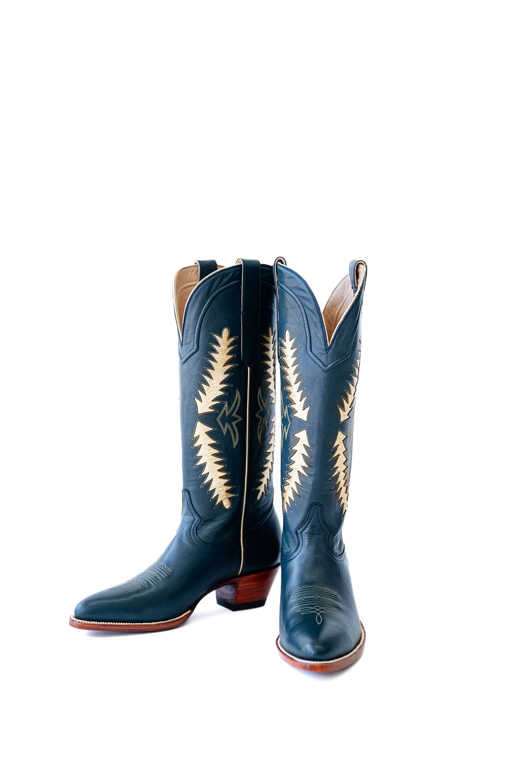 Navy western cowgirl boots, heirloom cowgirl boots, luxury cowgirl boots, handcrafted leather boots