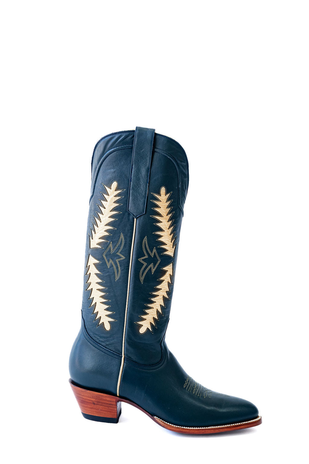 Navy western cowgirl boots, heirloom cowgirl boots, luxury cowgirl boots, handcrafted leather boots