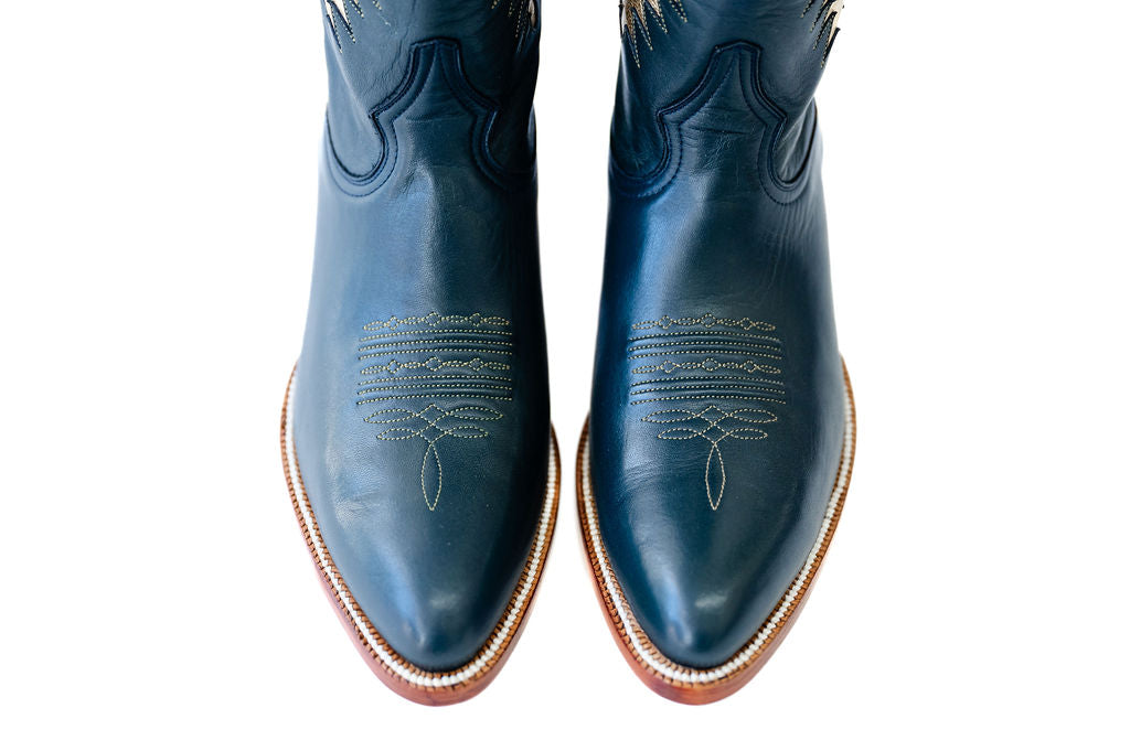Navy western cowgirl boots, heirloom cowgirl boots, luxury cowgirl boots, handcrafted leather boots