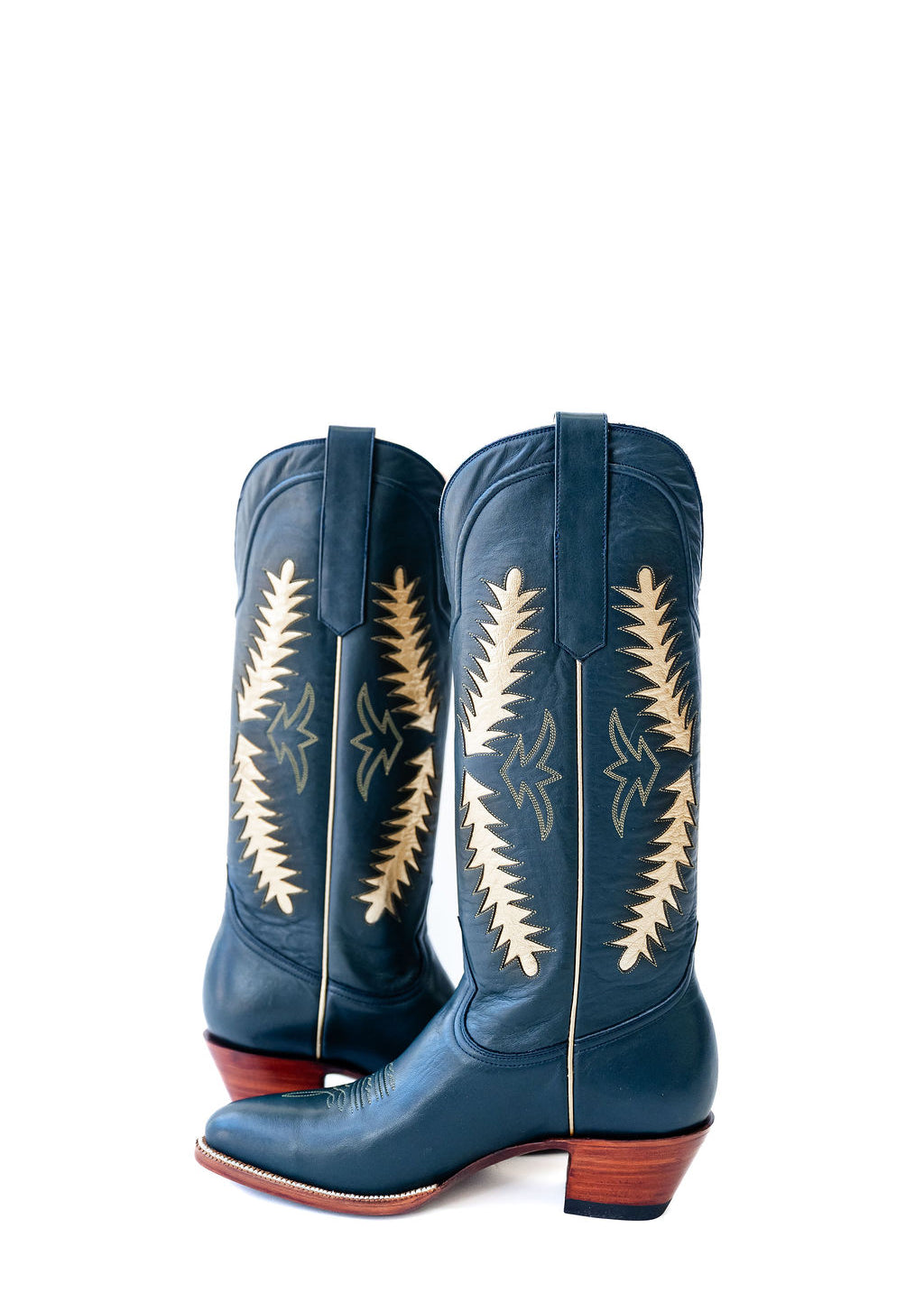 Navy western cowgirl boots, heirloom cowgirl boots, luxury cowgirl boots, handcrafted leather boots