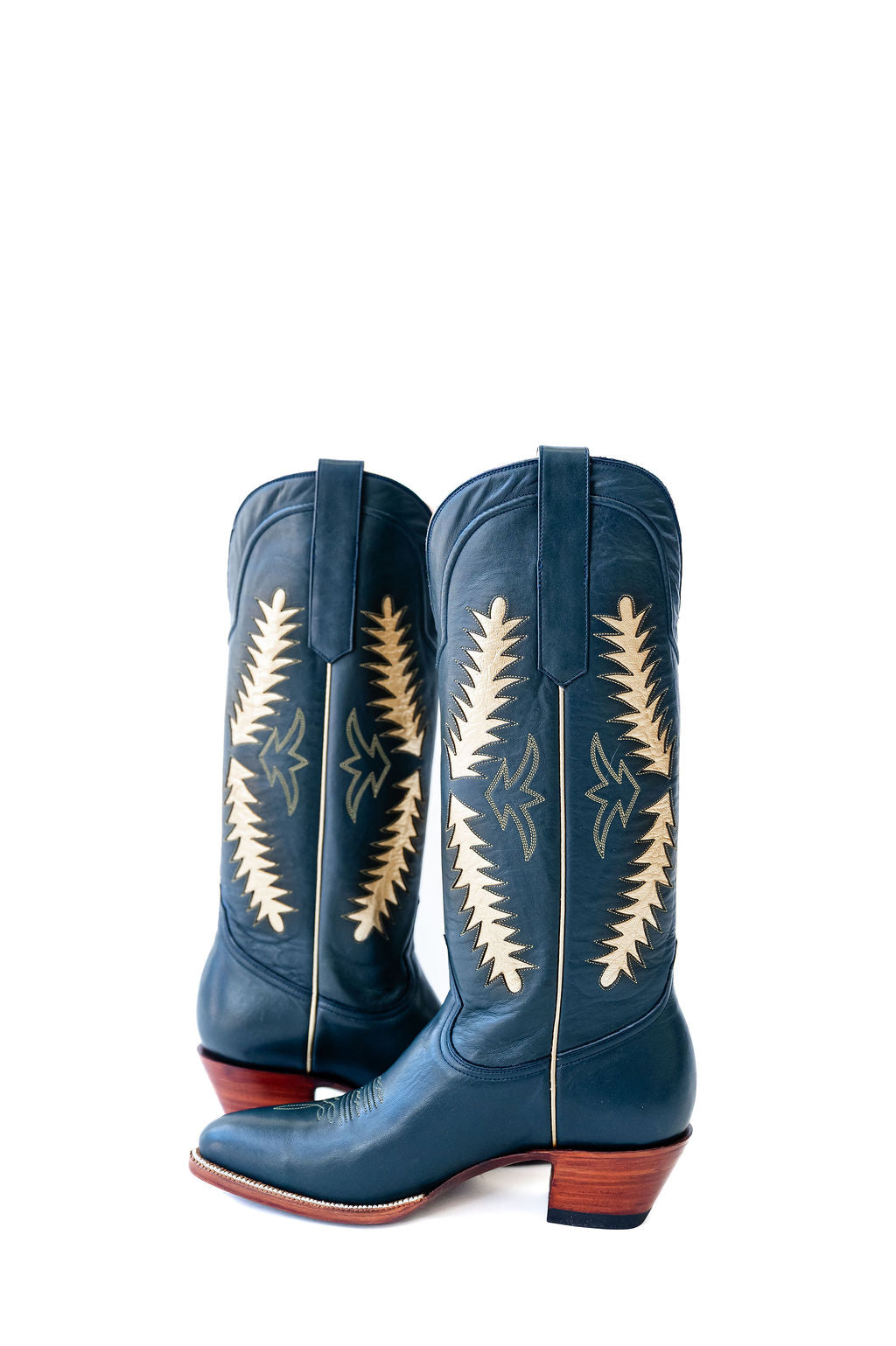 Navy western cowgirl boots, heirloom cowgirl boots, luxury cowgirl boots, handcrafted leather boots