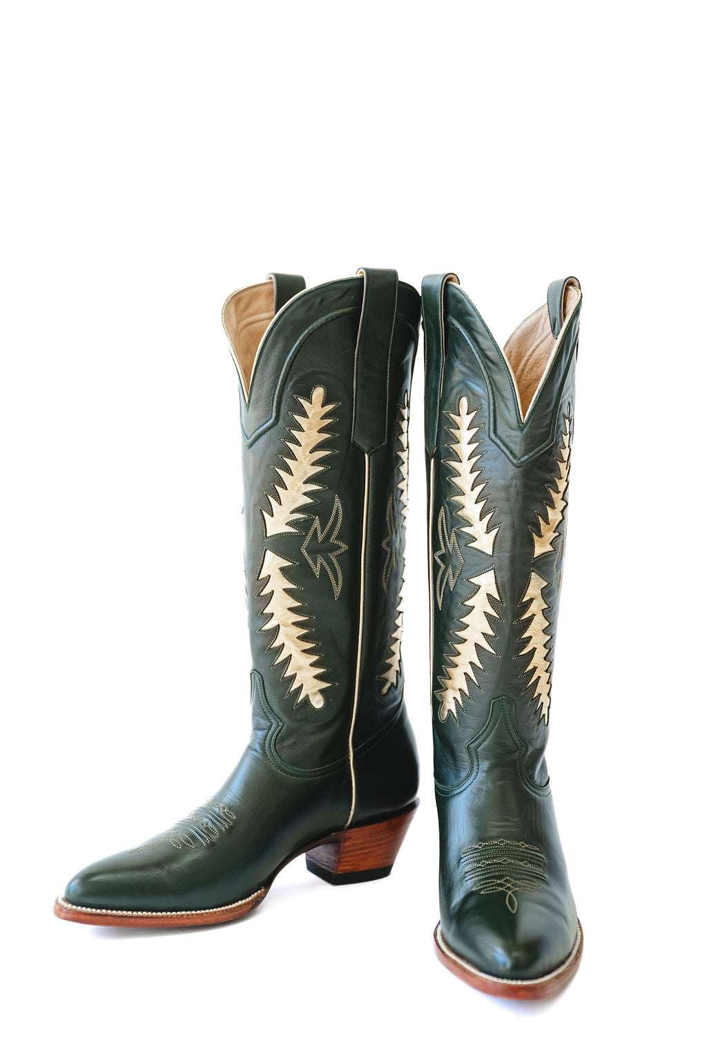 timeless cowgirl boots, green cowgirl boots, luxury cowgirl boots, handmade leather boots, women's cowgirl boots, women's western boots