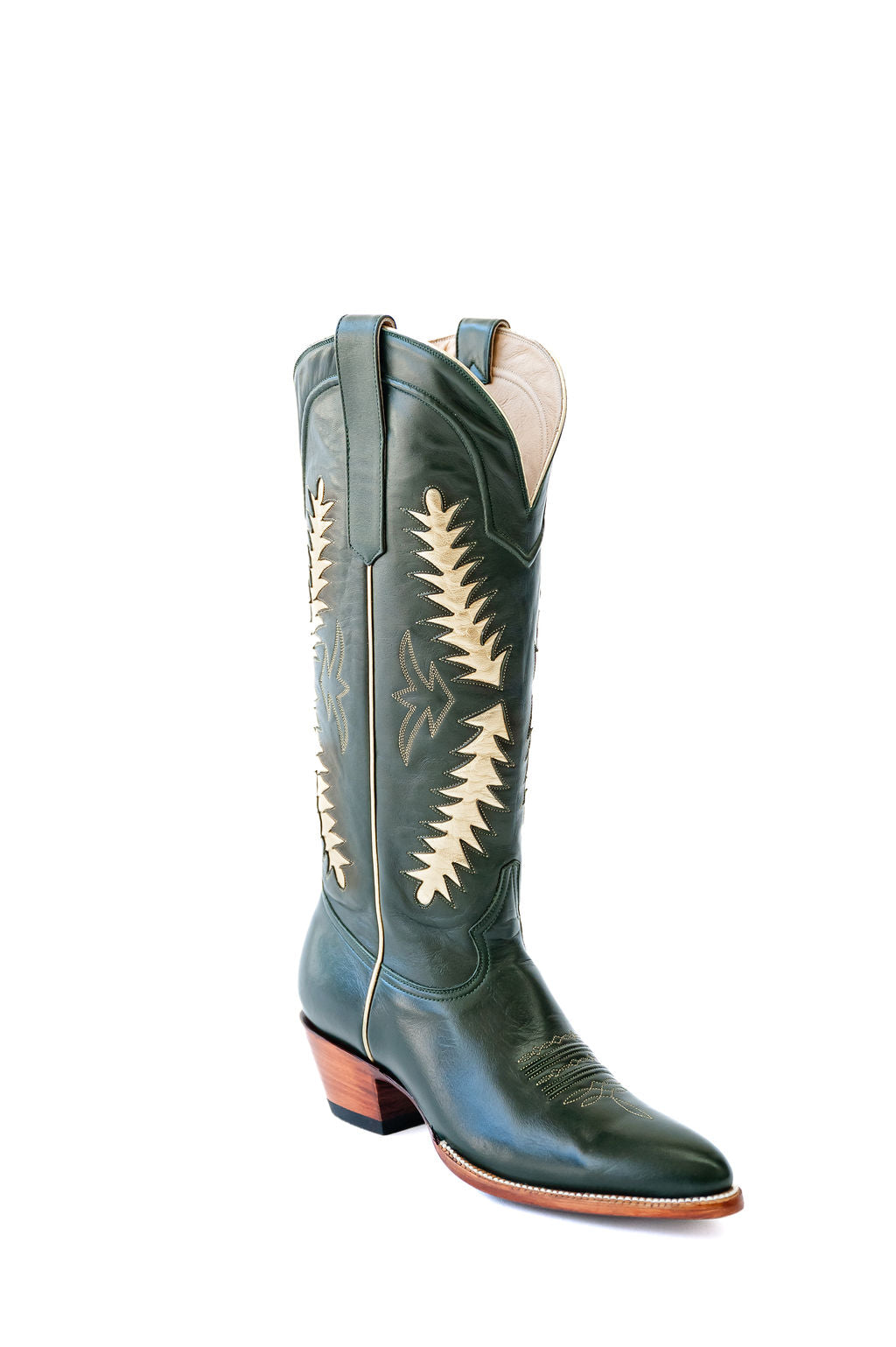 timeless cowgirl boots, green cowgirl boots, luxury cowgirl boots, handmade leather boots, women's cowgirl boots, women's western boots