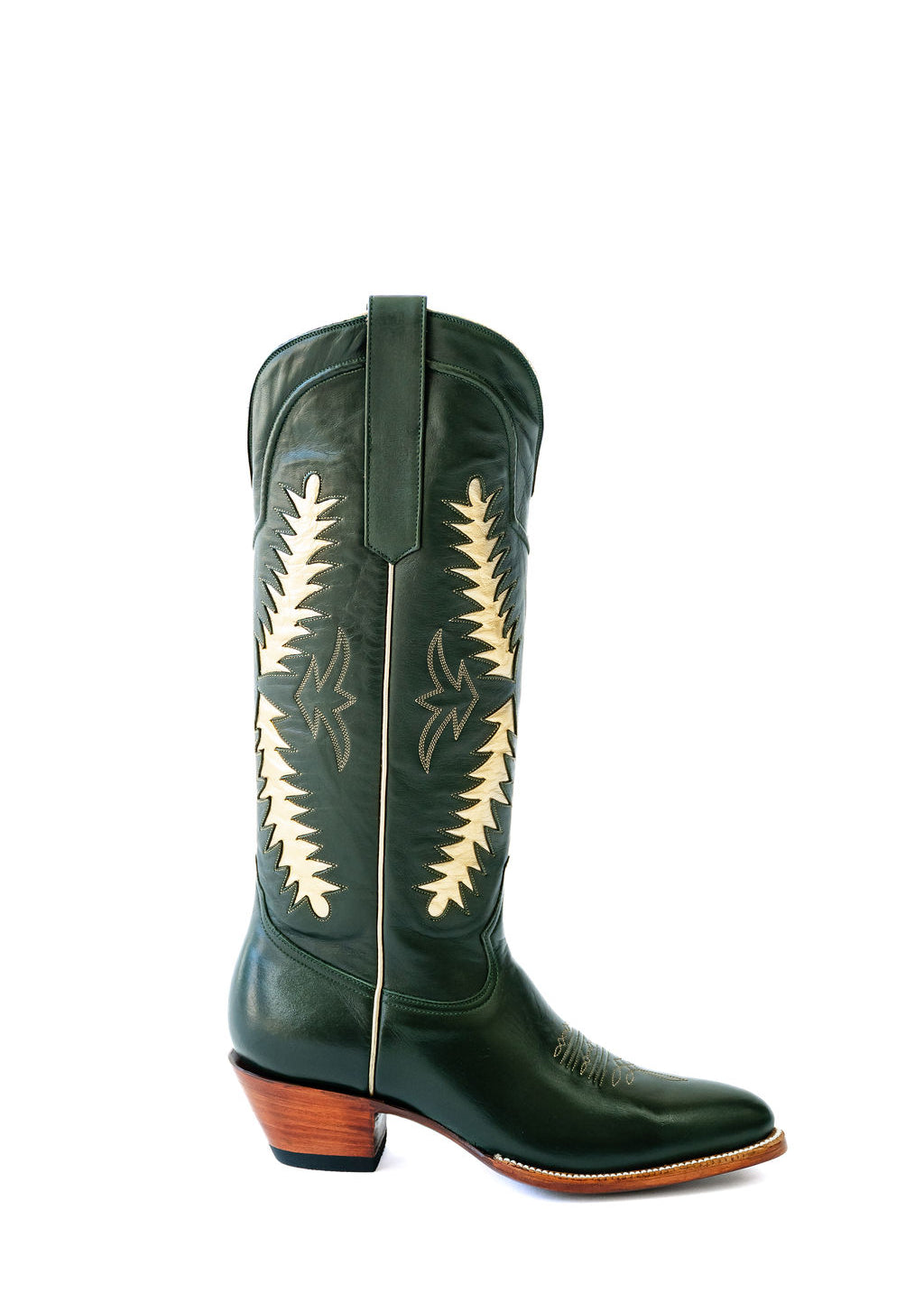 timeless cowgirl boots, green cowgirl boots, luxury cowgirl boots, handmade leather boots, women's cowgirl boots, women's western boots