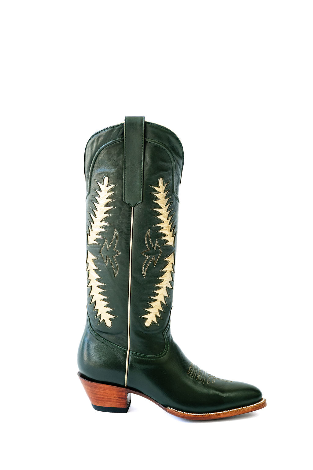 timeless cowgirl boots, green cowgirl boots, luxury cowgirl boots, handmade leather boots, women's cowgirl boots, women's western boots