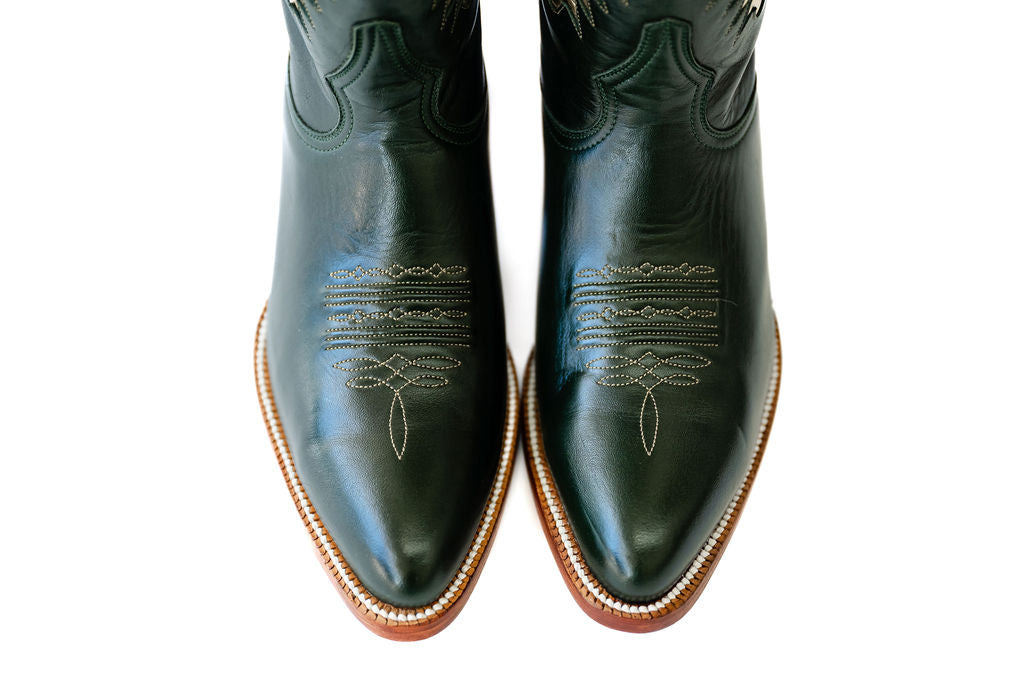 timeless cowgirl boots, green cowgirl boots, luxury cowgirl boots, handmade leather boots, women's cowgirl boots, women's western boots