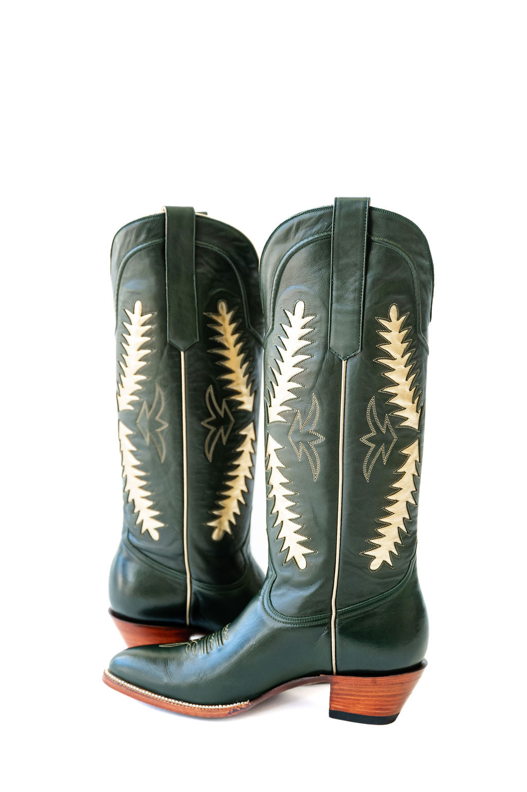 timeless cowgirl boots, green cowgirl boots, luxury cowgirl boots, handmade leather boots, women's cowgirl boots, women's western boots
