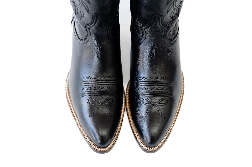 Black western cowgirl boots, heirloom cowgirl boots, luxury cowgirl boots, handcrafted leather boots, Petite Paloma Cowgirl Boots