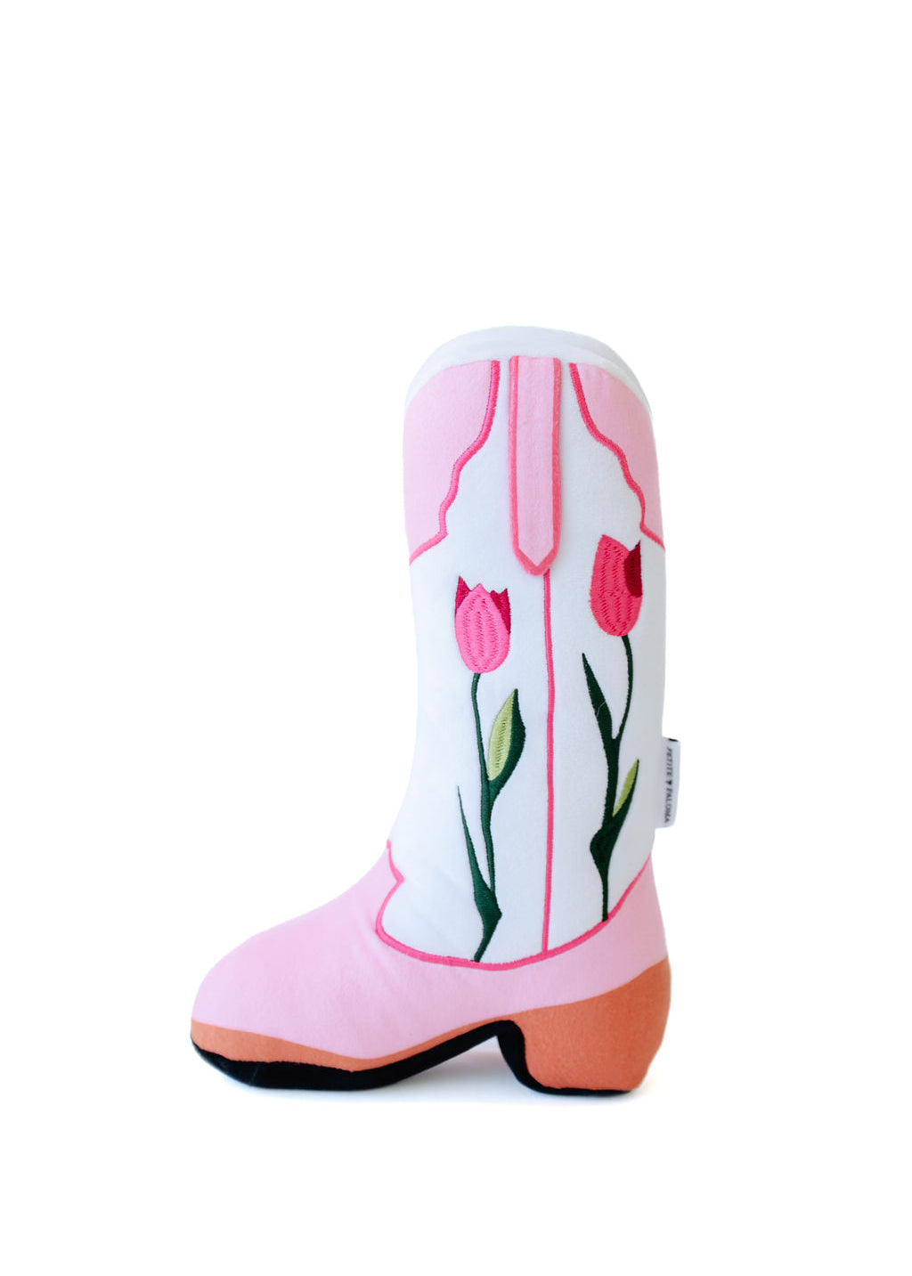 Sadie boot-shaped plush dog toy with pink tulip details