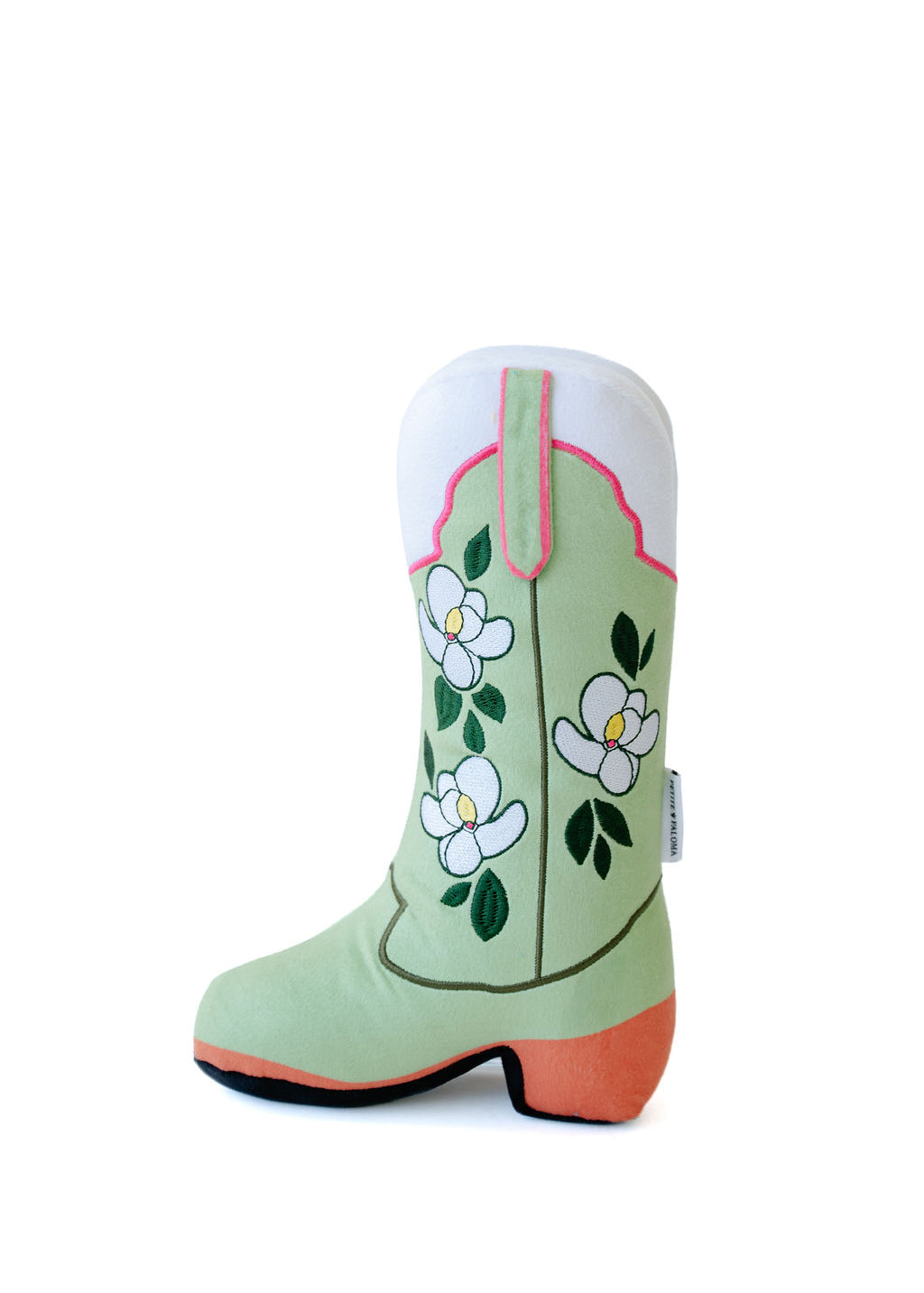 Maggie boot-shaped plush dog toy in green with floral details